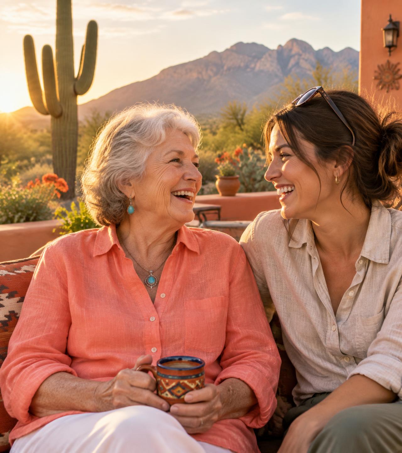 Senior woman laughing with her companion on a sunny Tucson patio